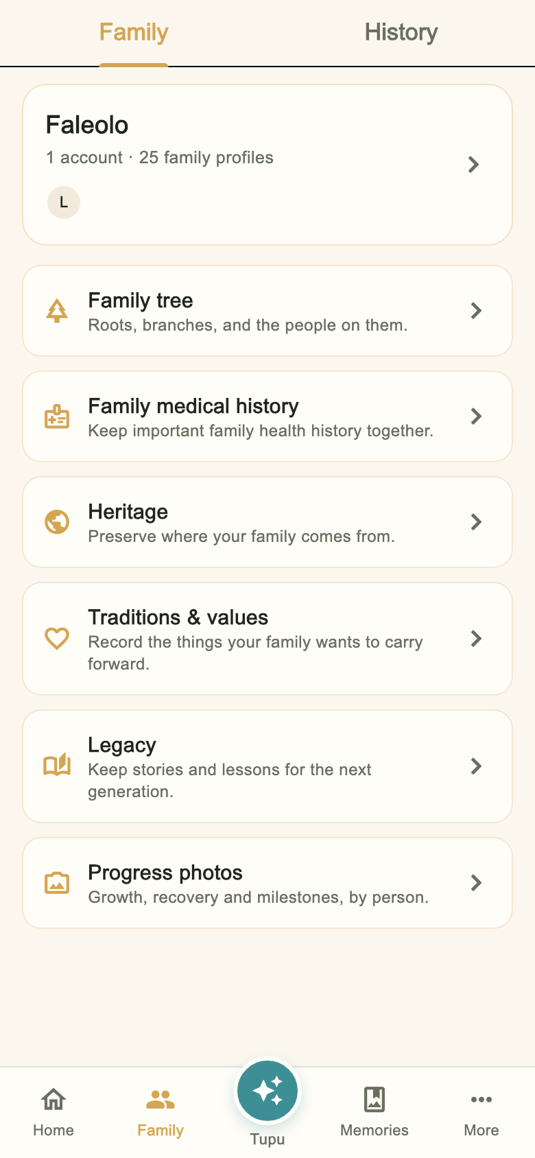 The family and relationships page on a phone: parents, siblings, spouse and children in one column, each person on their own row, with the relationship named beside them.
