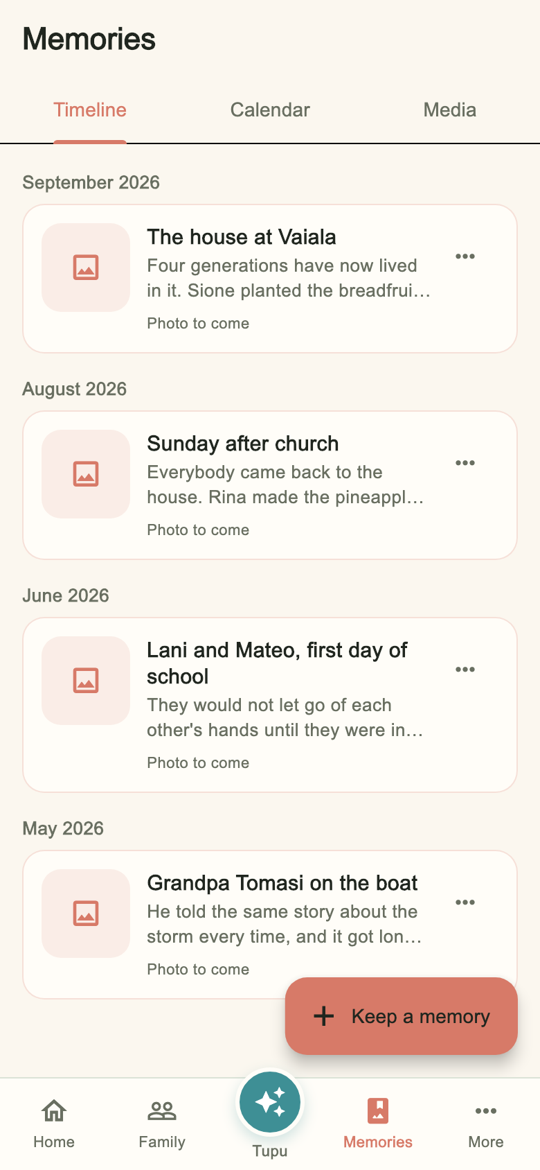 The memories timeline on a phone, grouped by month: four kept memories, each with its title, the first line of what was written, and a note saying a photograph is still to come.