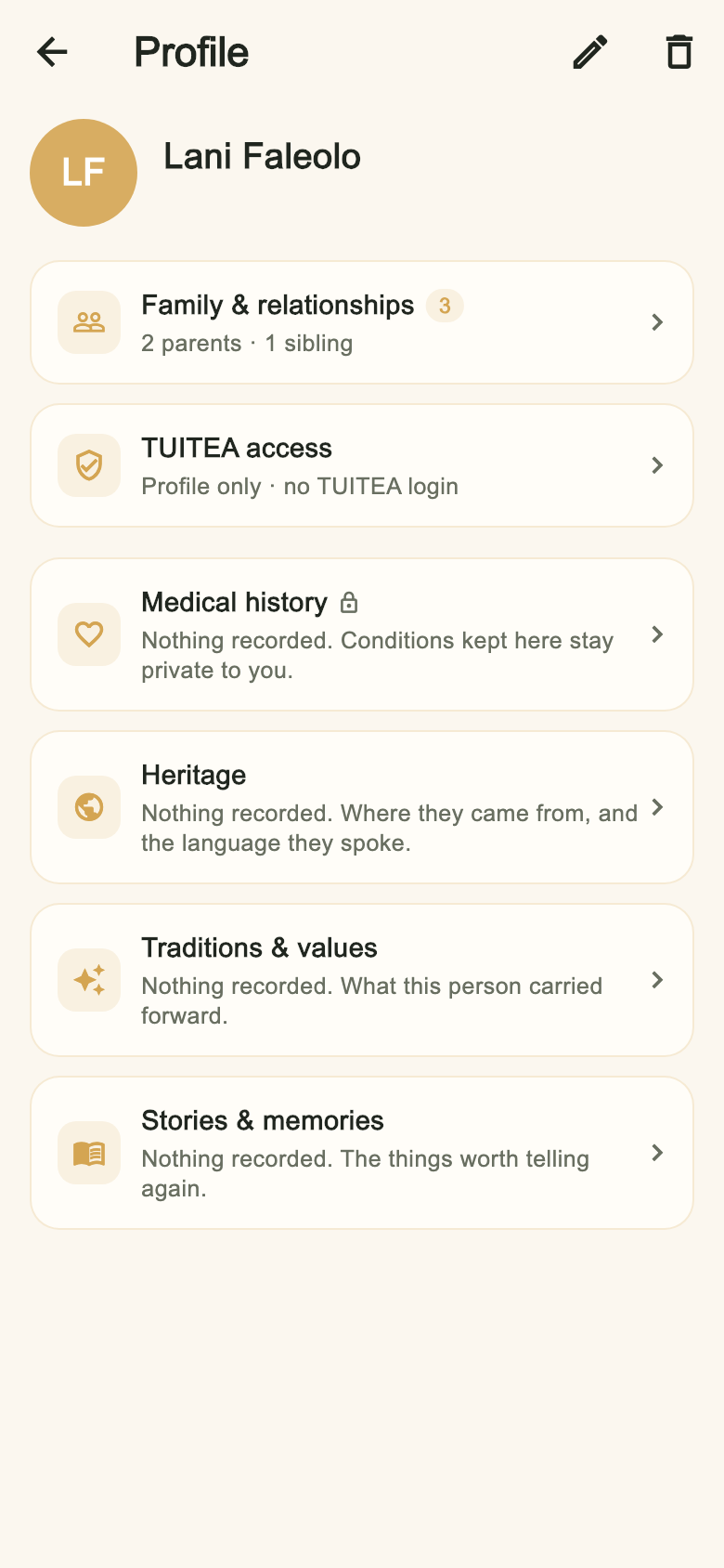 A person's profile on a phone, showing their details at the top and cards below for family and relationships, access, medical history, heritage, traditions and the stories kept about them.